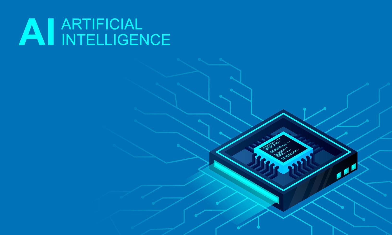 bannière web d'intelligence artificielle isométrique. Illustration isométrique 3D d'une puce de processeur. le processus de traitement des données. évolutions des technologies modernes. microcircuits sur néon vecteur