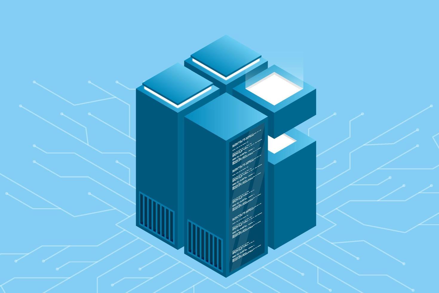 concept de centre de traitement de données volumineuses. centre de données isométrique. conception vectorielle de serveurs isométriques. centre de données. serveur d'hébergement ou concept de salle de centre de données. illustration vectorielle vecteur