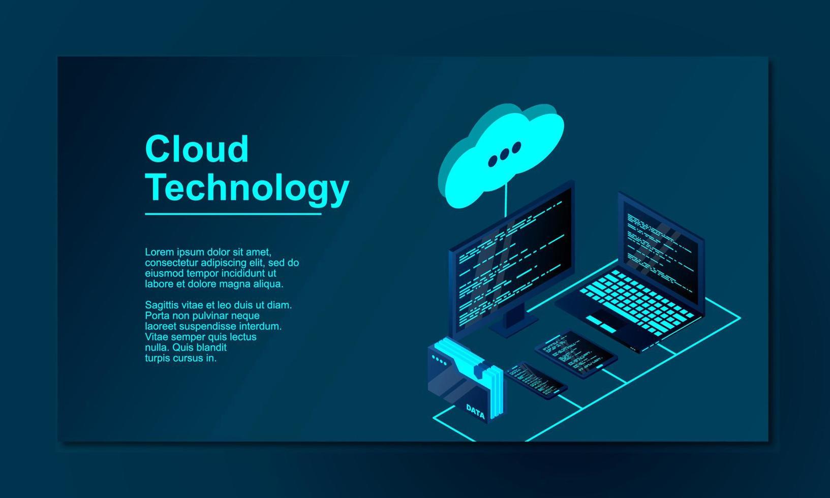 vecteur réseau d'illustration isométrique 3d avec ordinateur, ordinateur portable, tablette et smartphone. stockage en nuage concept de technologie isométrique 3d. technologie cloud isométrique avec cloud. technologies cloud modernes.