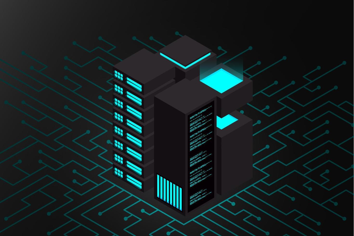 concept de centre de traitement de données volumineuses. centre de données isométrique. conception vectorielle de serveurs isométriques. centre de données. serveur d'hébergement ou concept de salle de centre de données. illustration vectorielle vecteur