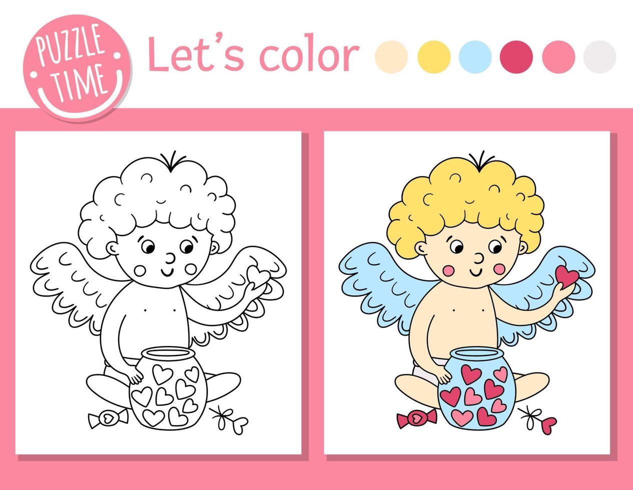 Saint Valentin coloriage pour les enfants. cupidon drôle avec un pot avec des coeurs. illustration vectorielle de contour de vacances avec amour ange. livre de couleurs avec un personnage mignon pour les enfants avec un exemple coloré vecteur