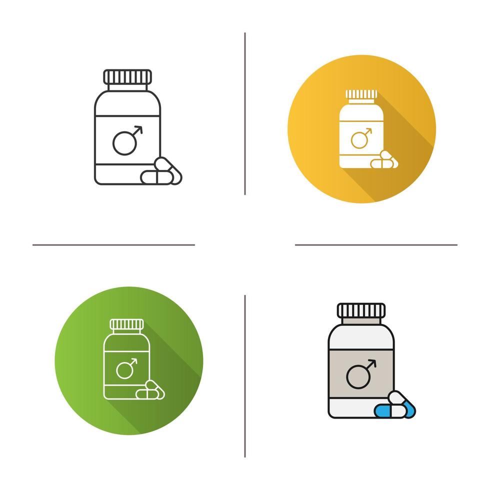 icône de bouteille de pilules mâles. design plat, styles linéaires et de couleur. médicaments. illustrations vectorielles isolées vecteur