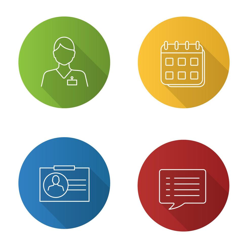 centre d'information plat linéaire grandissime icônes définies. calendrier, bulle de dialogue, opérateur de centre d'appels, carte d'identité. illustration de contour de vecteur