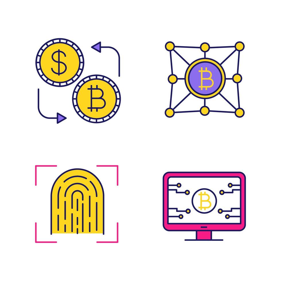 Jeu d'icônes de couleur de crypto-monnaie bitcoin. numérisation d'empreintes digitales, logiciel de crypto-monnaie, change de devises, réseau bitcoin. illustrations vectorielles isolées vecteur