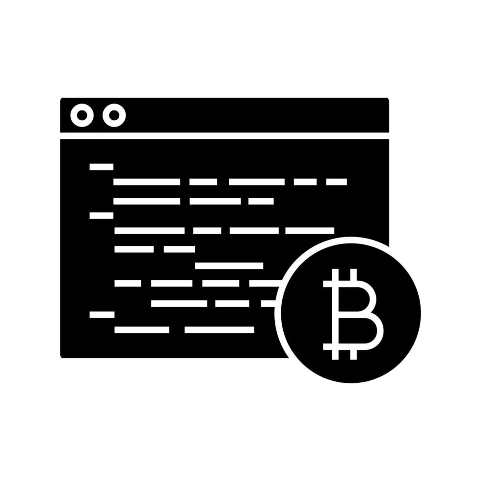 icône de glyphe de logiciel de minage de bitcoin. symbole de silhouette. codage blockchain. programmation de crypto-mining. développement de la blockchain. espace négatif. illustration vectorielle isolée vecteur