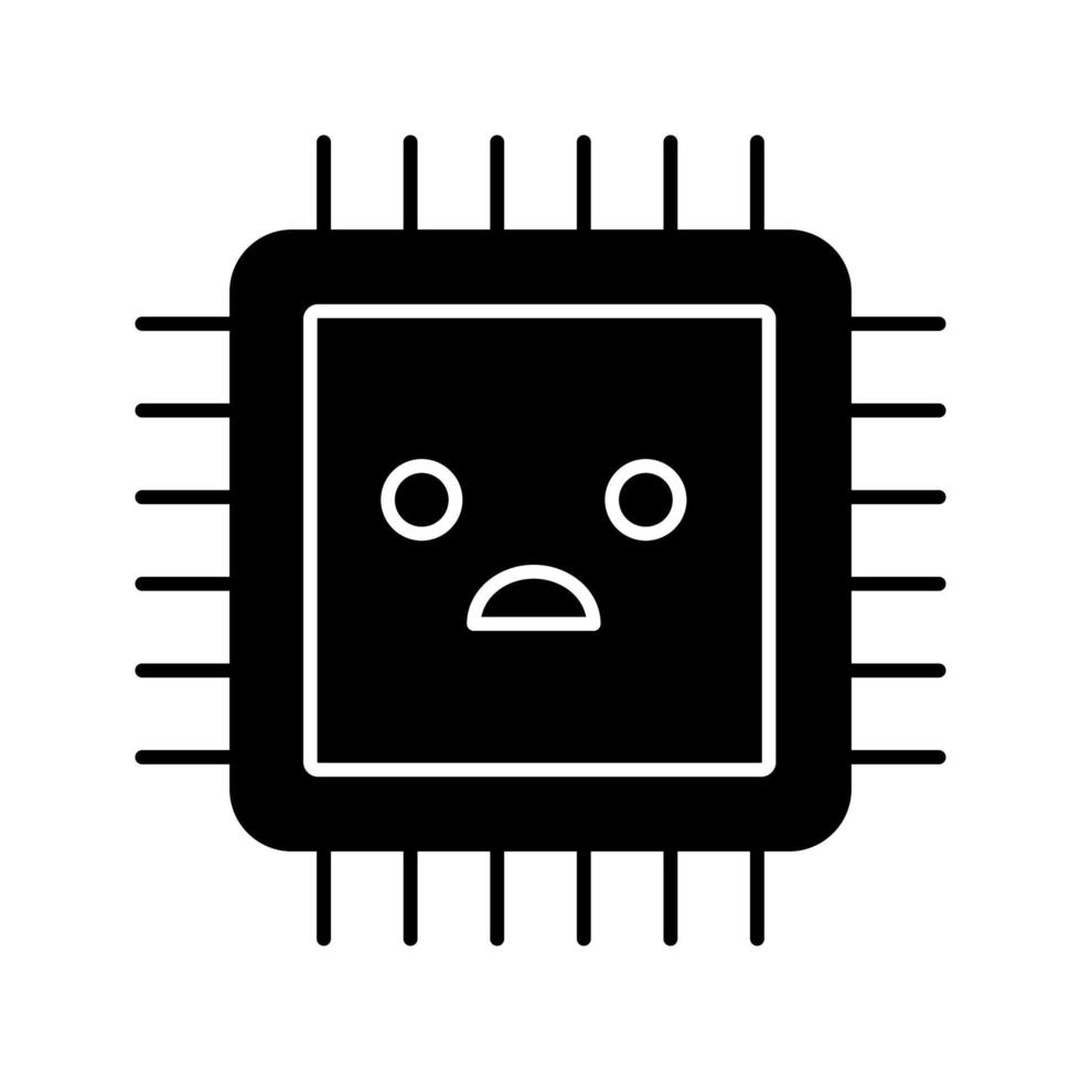 icône de glyphe de processeur triste. mauvais processeur. défaillance du microprocesseur. problèmes d'unité centrale de traitement. circuit intégré. symbole de silhouette. espace négatif. illustration vectorielle isolée vecteur