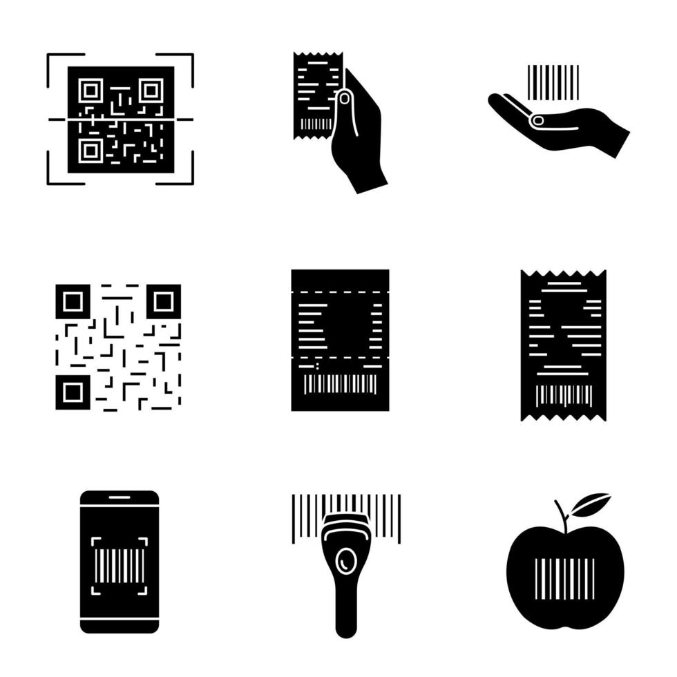 ensemble d'icônes de glyphe de codes à barres. qr et application de numérisation de codes linéaires, appareil, ticket de caisse, code-barres en main, chèque papier, code-barres de produit. symboles de silhouette. illustration vectorielle isolée vecteur