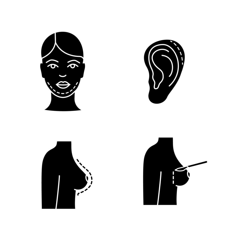 Ensemble d'icônes de glyphe de chirurgie plastique. ablation du double menton, otoplastie, augmentation mammaire, mammoplastie. symboles de silhouette. illustration vectorielle isolée vecteur