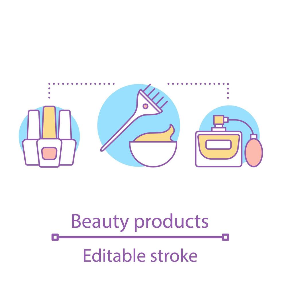 icône de concept de produits de beauté. teinture des cheveux, parfum, vernis à ongles. illustration de fine ligne d'idée de cosmétiques. se réconcilier. dessin de contour isolé de vecteur. trait modifiable vecteur