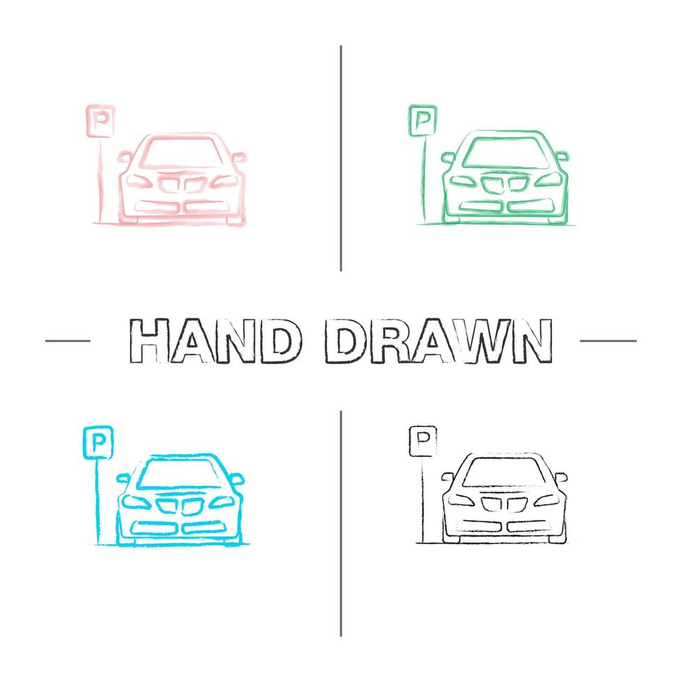 jeu d'icônes dessinées à la main de zone de stationnement. voiture avec panneau de signalisation p. coup de pinceau de couleur. illustrations sommaires vectorielles isolées vecteur