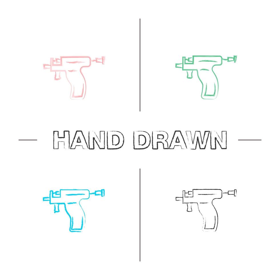 ensemble d'icônes dessinées à la main de pistolet perçant. coup de pinceau de couleur d'instrument de perçage d'oreille. illustrations sommaires vectorielles isolées vecteur