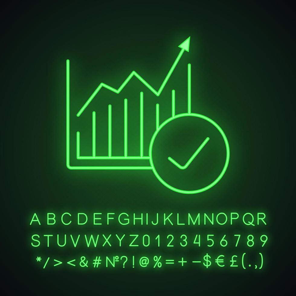 icône de néon de graphique de croissance du marché. diagramme de statistiques avec coche. signe lumineux avec alphabet, chiffres et symboles. illustration vectorielle isolée vecteur