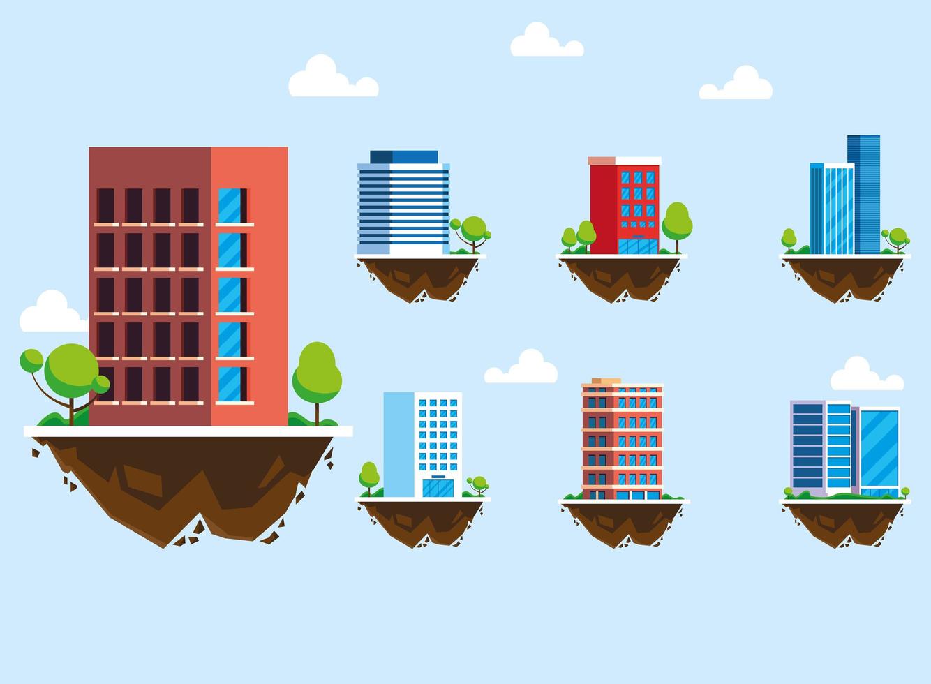 ensemble d'icônes de bâtiments sur terrain, paysage urbain vecteur