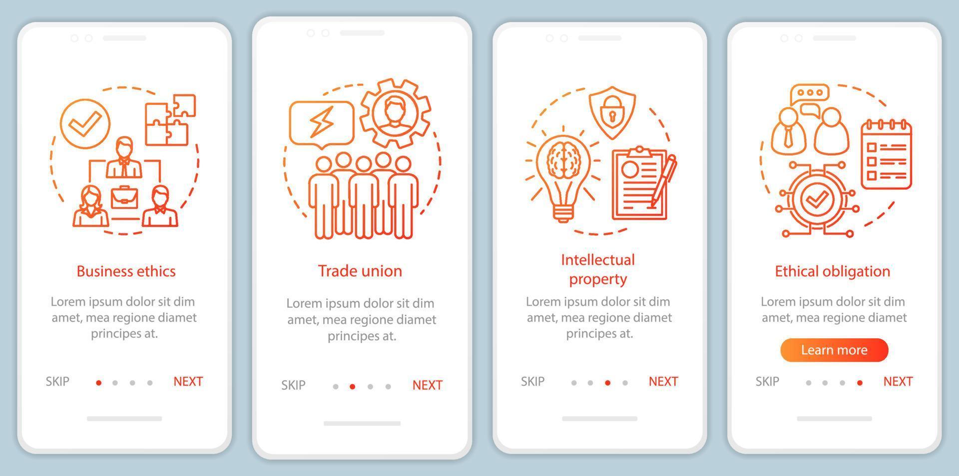 modèle vectoriel d'écran de page d'application mobile d'intégration de l'éthique des affaires. syndicat, propriété intellectuelle. Procédure pas à pas du site Web avec des illustrations linéaires. concept d'interface de smartphone ux, ui, gui