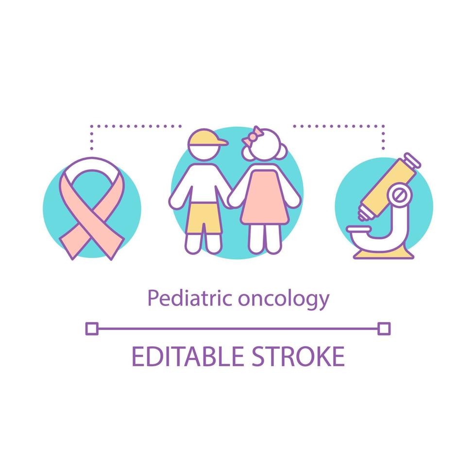 icône de concept d'oncologie pédiatrique. soins infirmiers. cancer des enfants. ruban de sensibilisation, microscope. illustration de la ligne mince de l'idée de la maladie oncologique de l'enfant. dessin de contour isolé de vecteur. trait modifiable vecteur