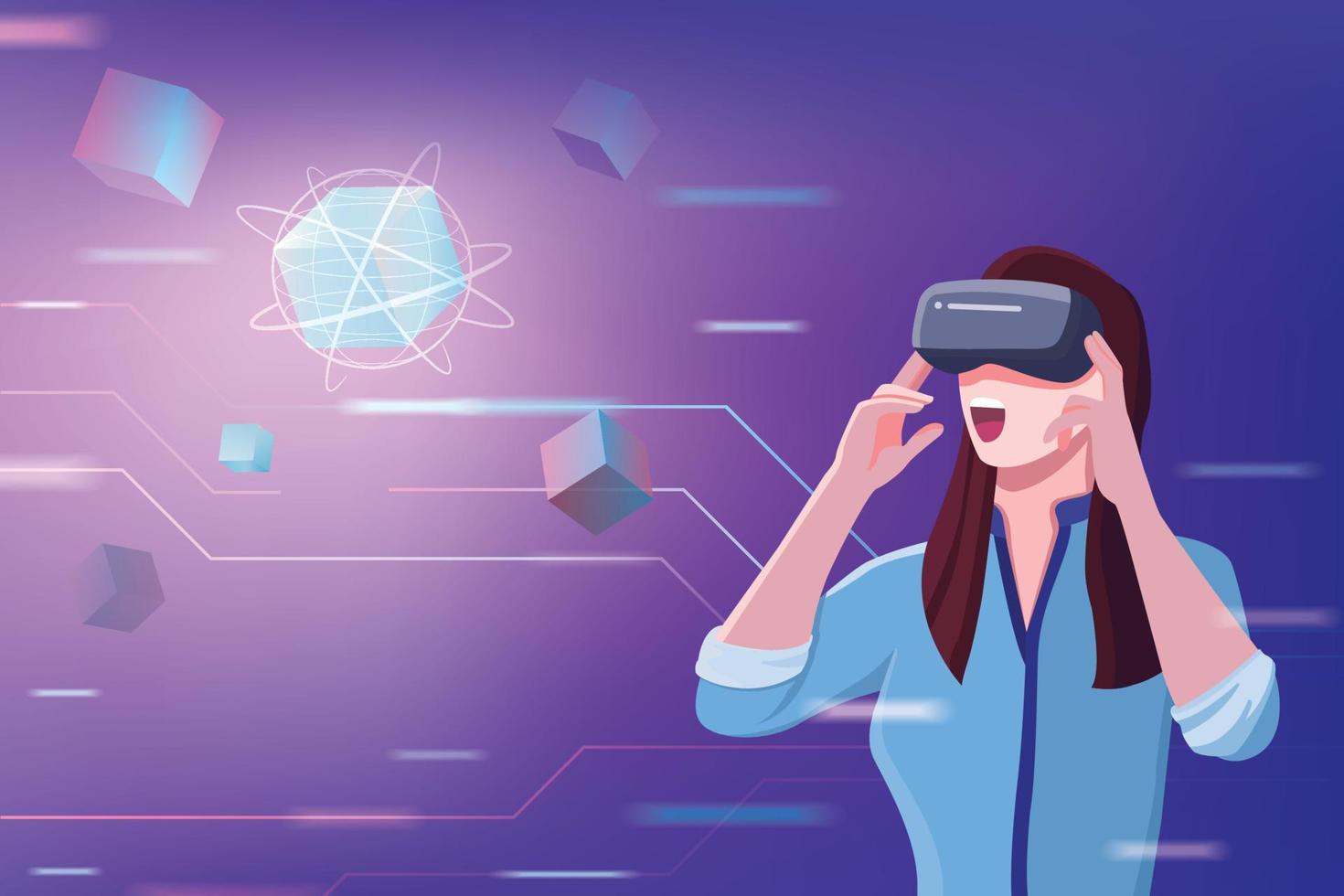 mondes de réalité virtuelle, femmes dans des lunettes de réalité virtuelle et arrière-plan technologique blockchain. hachage de cryptographie et données de transaction, un concept de monde virtuel. illustration vectorielle vecteur