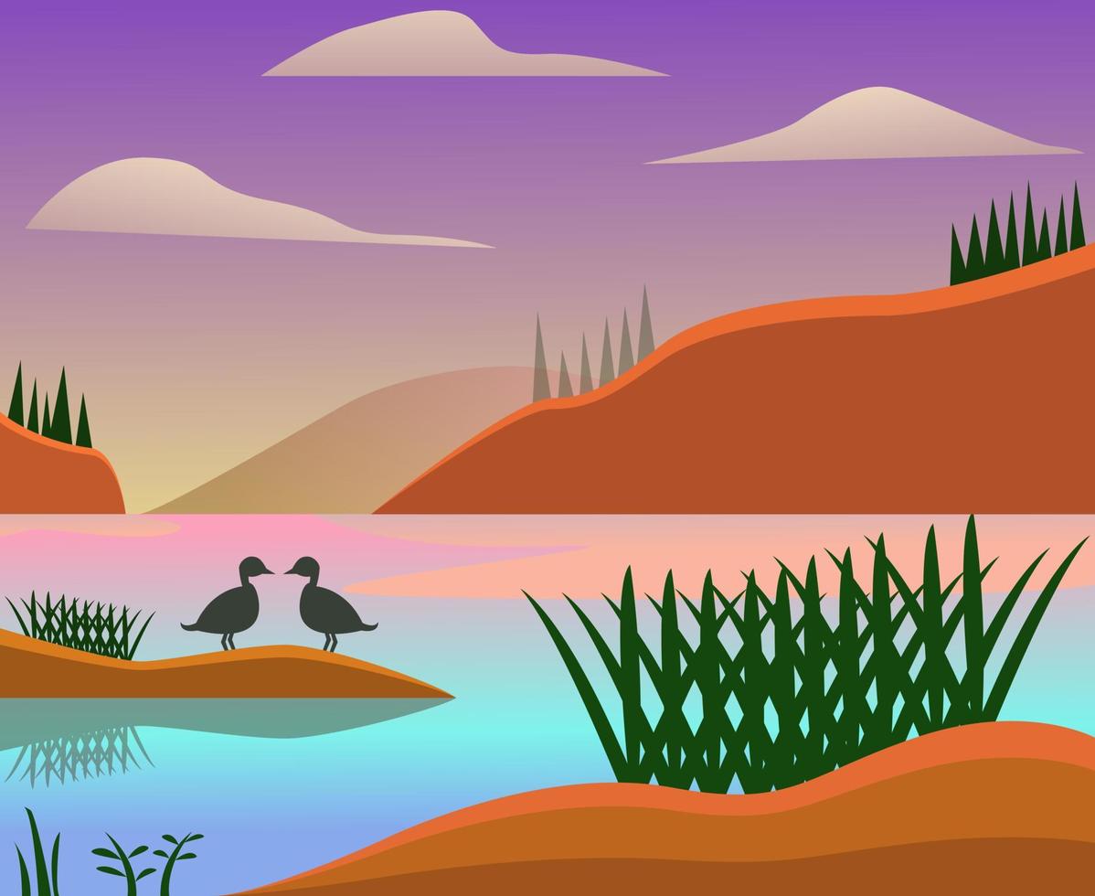 conception de paysage plat de rivière. conception de fond de paysage. conception de papier peint. vecteur