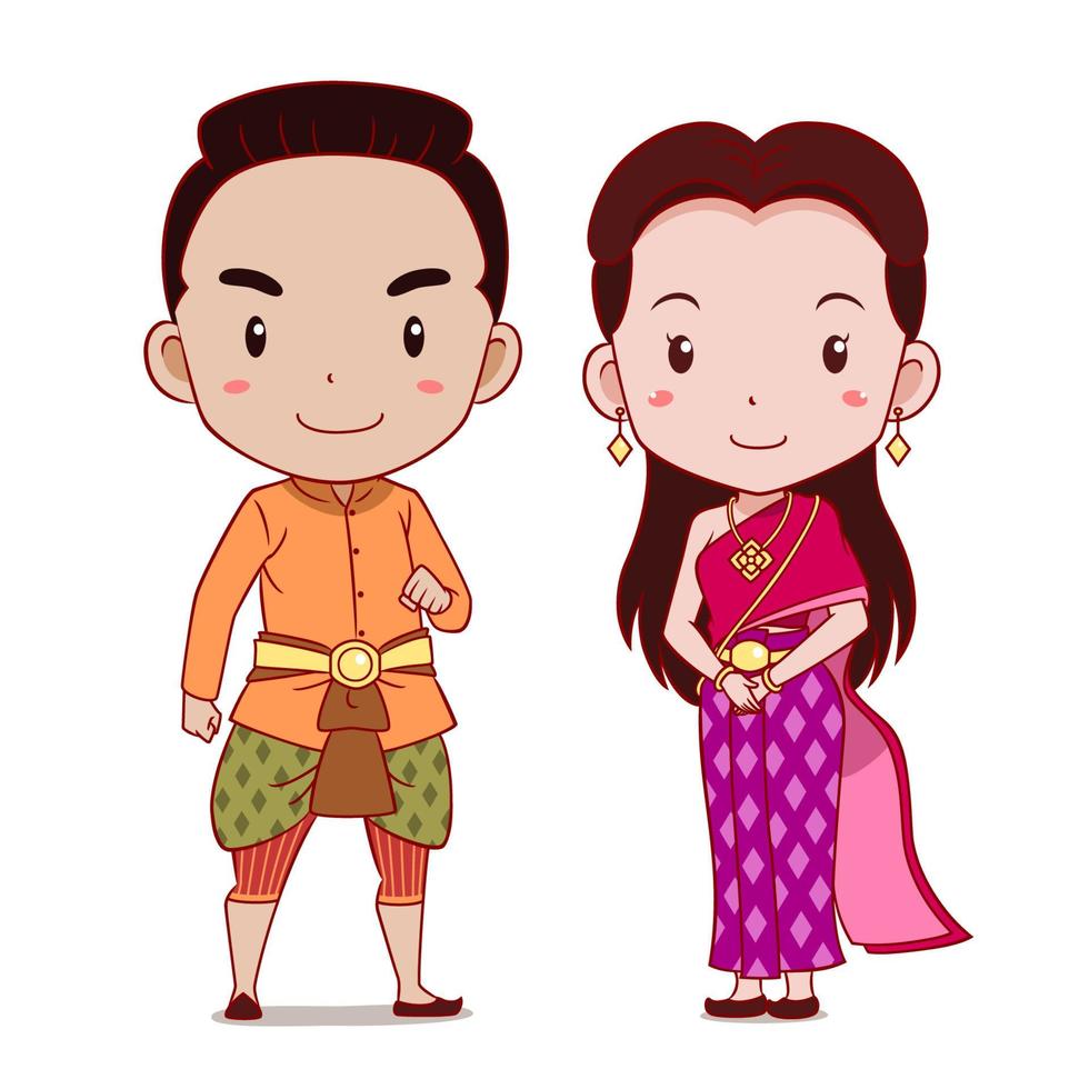 joli couple de personnages de dessins animés en costume traditionnel thaïlandais. vecteur