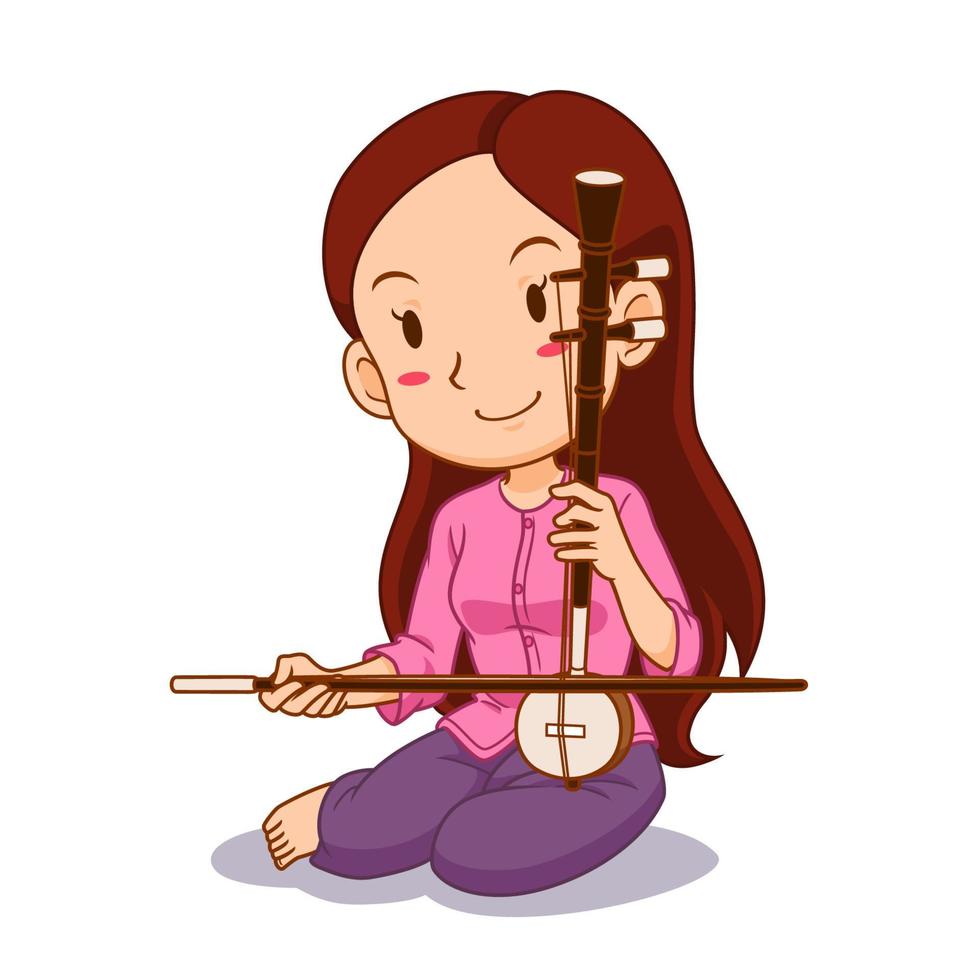 personnage de dessin animé de fille jouant au saw-u. instrument à cordes thaï à archet. vecteur