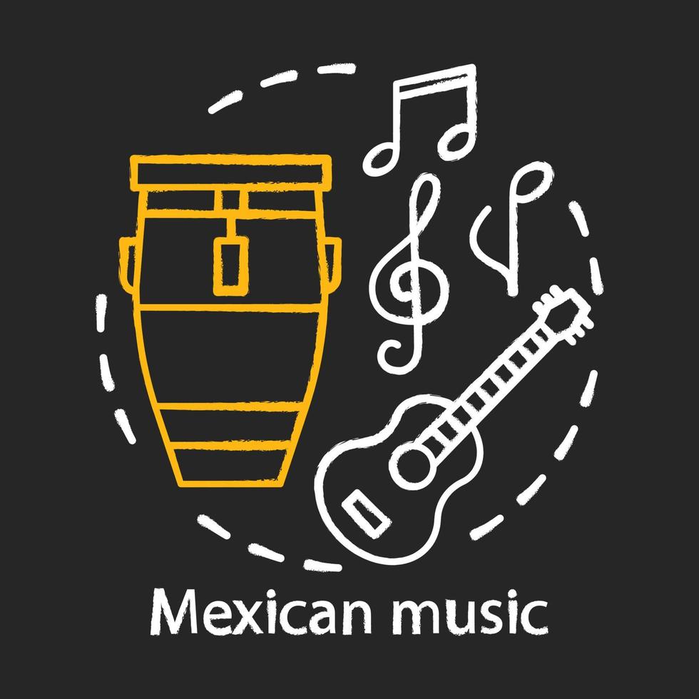 icône de concept de craie de musique mexicaine. fête du son acoustique latino. instruments du groupe mariachi. tambour, guitare, idée de symboles musicaux. illustration de tableau isolé de vecteur