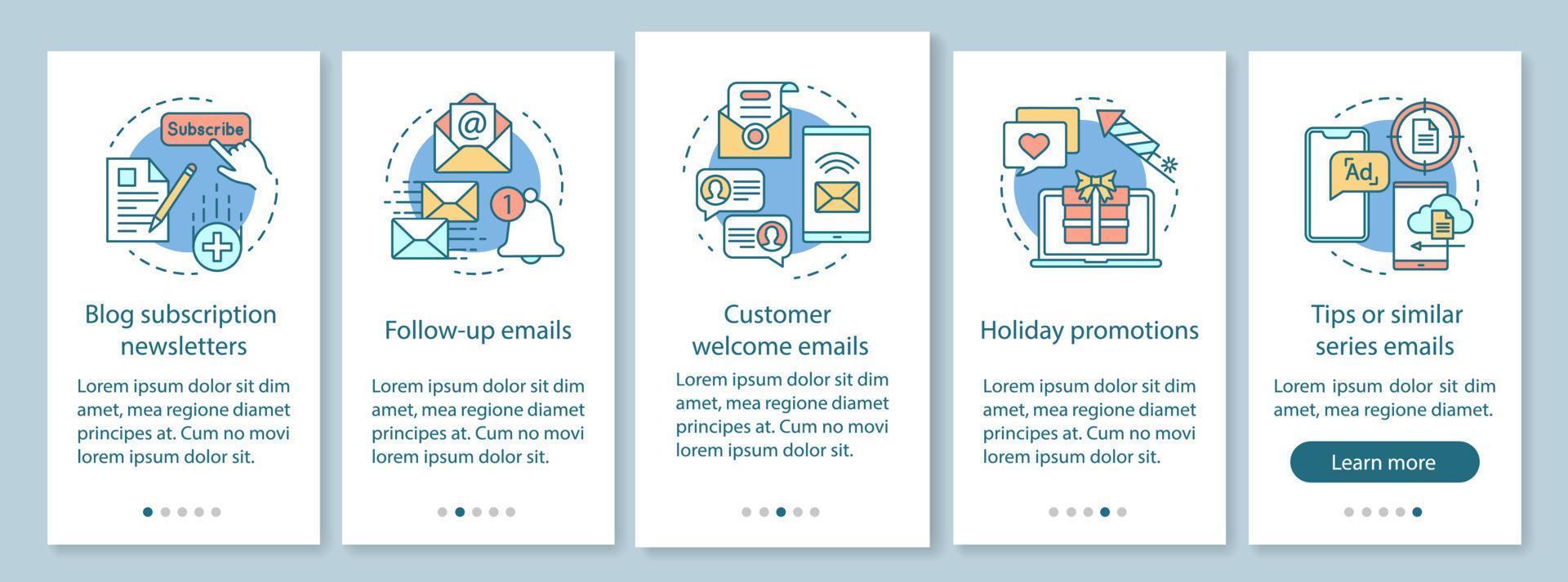 écran de page d'application mobile d'intégration de marketing par e-mail avec des concepts linéaires. envoi de masse. e-mails et newsletters pas à pas instructions graphiques. modèle vectoriel ux, ui, gui avec illustrations