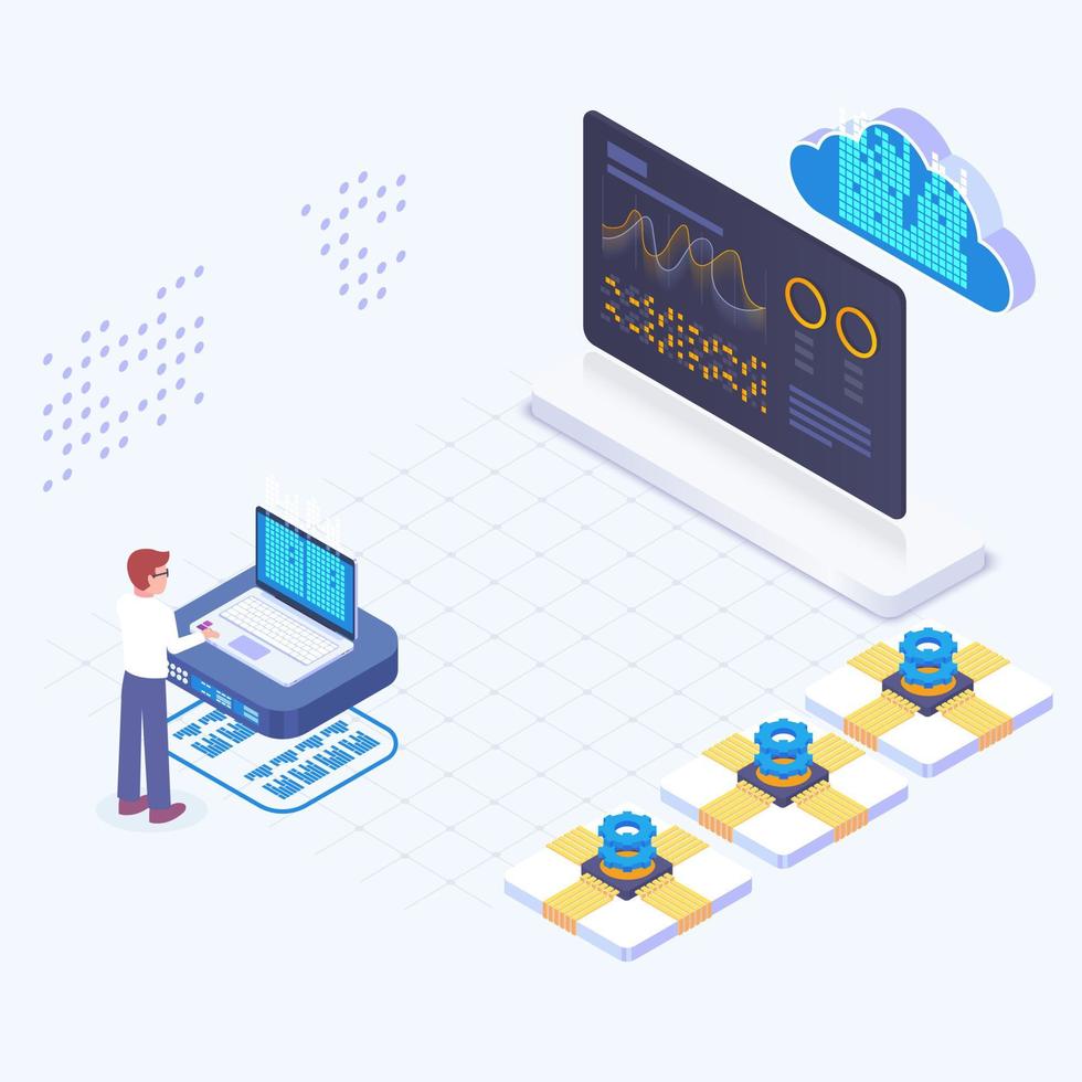 composition isométrique des services de cloud de données. système d'analyse de données volumineuses stockage système d'intelligence d'affaires high-tech moderne. modèle de page Web isométrique. vecteur