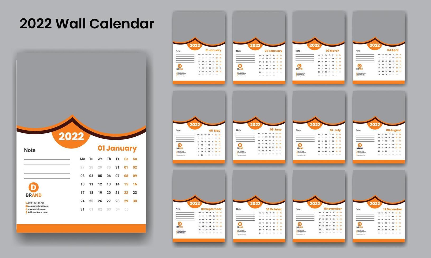 vecteur gratuit de modèle de conception de calendrier mural 2022