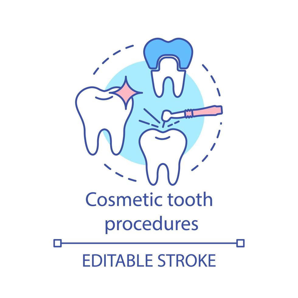 icône de concept de procédures dentaires cosmétiques. traitement dentaire, blanchiment et restauration. traitement des dents, définition de l'illustration de la ligne mince de l'idée de la couronne. dessin de contour isolé de vecteur. trait modifiable vecteur