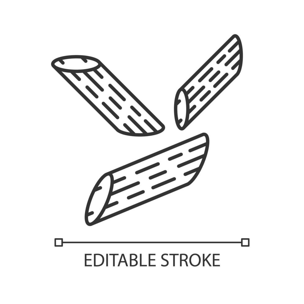 icône linéaire de penne. pâtes italiennes. pennoni, mostaccioli. couper les macaronis en diagonale. nouilles méditerranéennes. illustration de la ligne mince. symbole de contour. dessin de contour isolé de vecteur. trait modifiable vecteur