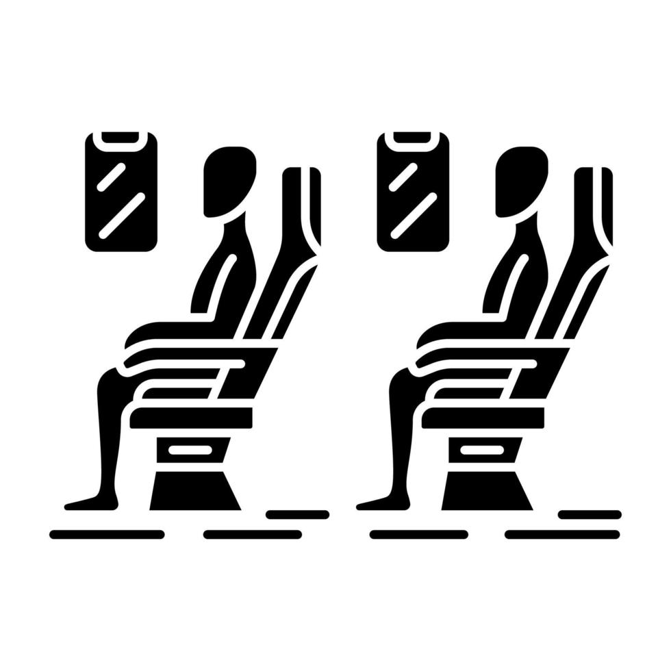 passagers à l'icône de glyphe de salon d'avion. sièges confortables d'avion. voyageurs détendus en jet. service aérien. cabine d'avion. symbole de silhouette. espace négatif. illustration vectorielle isolée vecteur