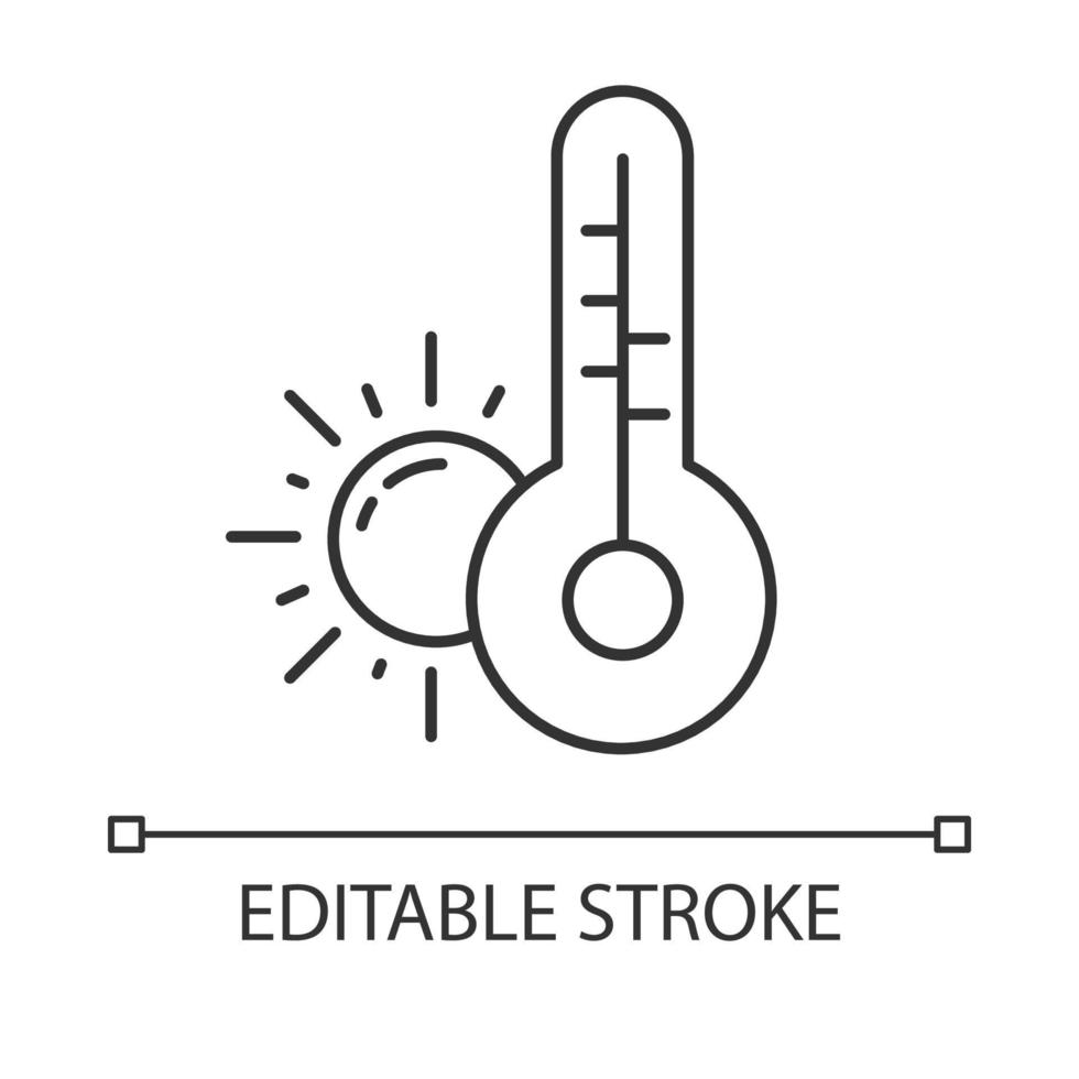 icône linéaire de prévisions météo. anticyclone. soleil et thermomètre. observations météorologiques. réchauffement climatique. illustration de la ligne mince. symbole de contour. dessin de contour isolé de vecteur. trait modifiable vecteur