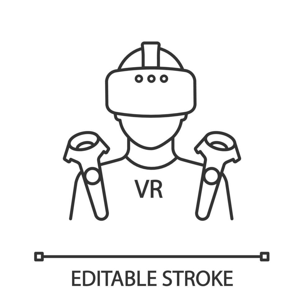 icône linéaire du lecteur vr. illustration de la ligne mince. lecteur de réalité virtuelle. homme avec masque vr, lunettes, casque et contrôleurs sans fil. symbole de contour. dessin de contour isolé de vecteur. trait modifiable vecteur