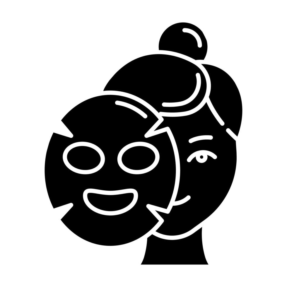 application de l'icône de glyphe de masque de feuille. procédure de soins de la peau. masque à hydrogène. traitement de beauté. produit pour hydrater. cosmétiques, maquillage. symbole de silhouette. espace négatif. illustration vectorielle isolée vecteur