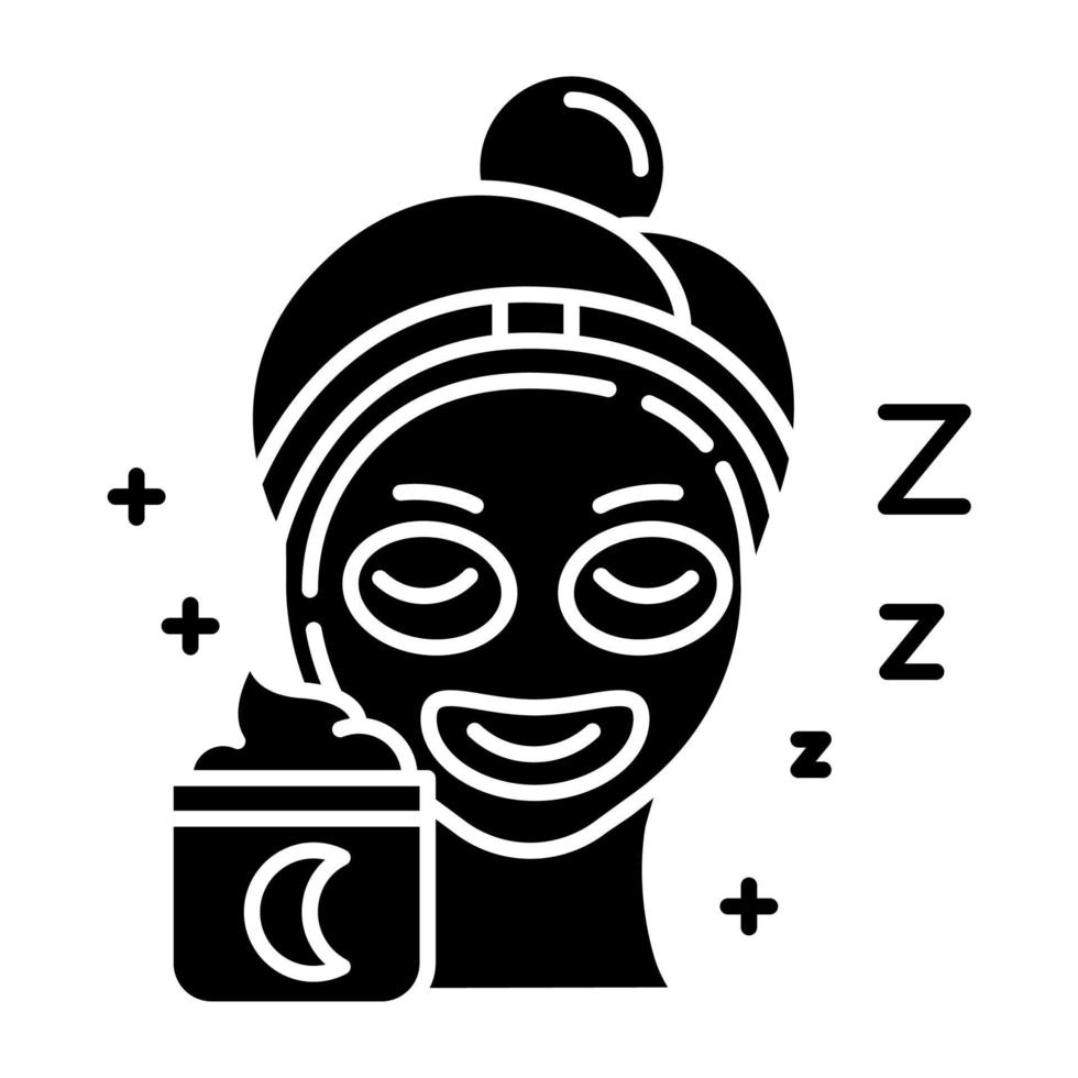 application de l'icône de glyphe de crème de sommeil. procédure de soins de la peau. Traitement facial. crème de nuit pour la détente. étape de la routine beauté quotidienne. symbole de silhouette. espace négatif. illustration vectorielle isolée vecteur