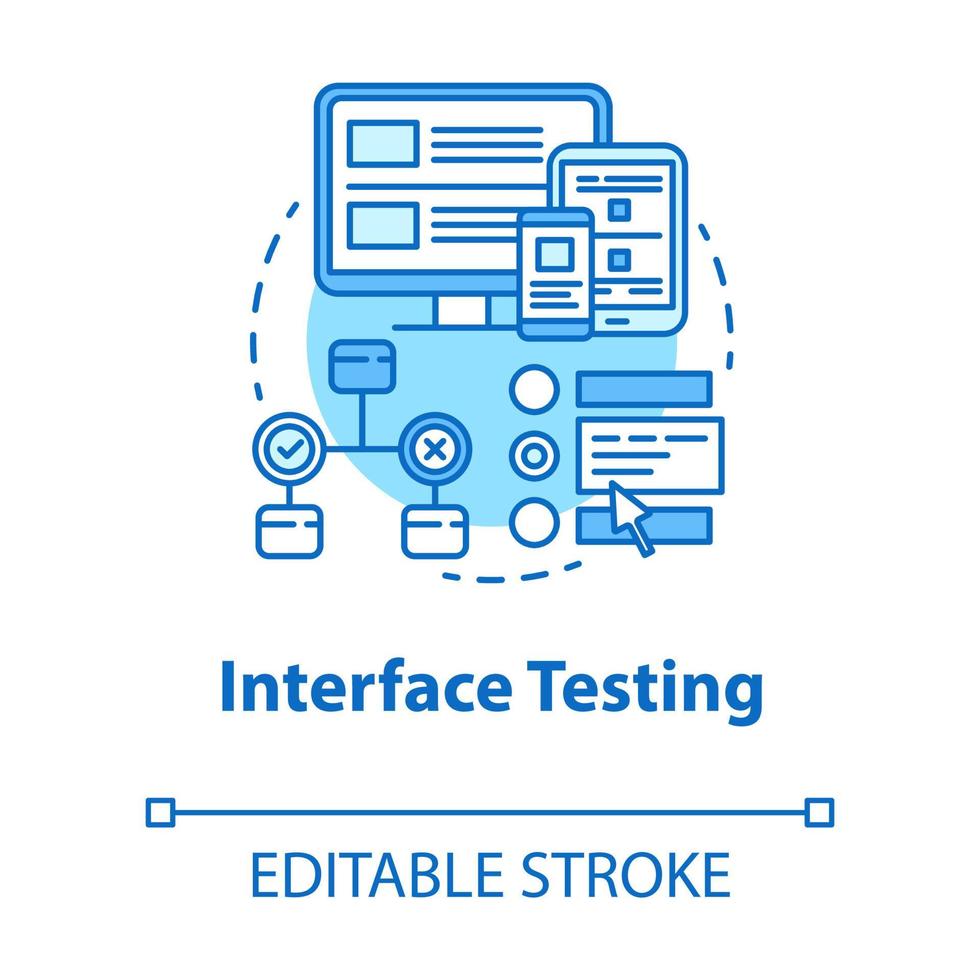 icône de concept turquoise de test d'interface. ux, ui vérifier l'illustration de la ligne mince de l'idée. stade de développement du logiciel. programmation et codage d'applications. il projette. dessin de contour isolé de vecteur. trait modifiable vecteur