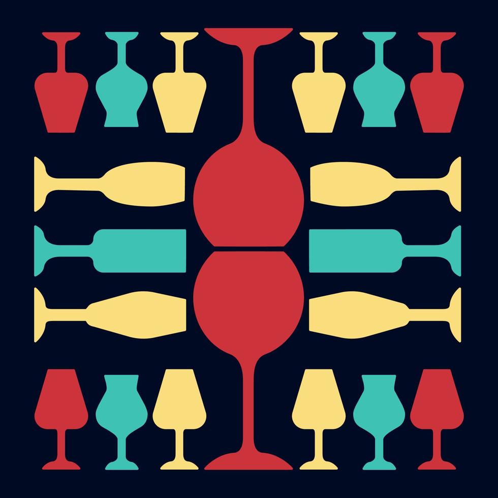 icône de couleur rouge, jaune et turquoise de la verrerie. service de restauration. bar à alcool. verres à porto et madère. verres à vin sur fond bleu foncé. illustration vectorielle isolée vecteur