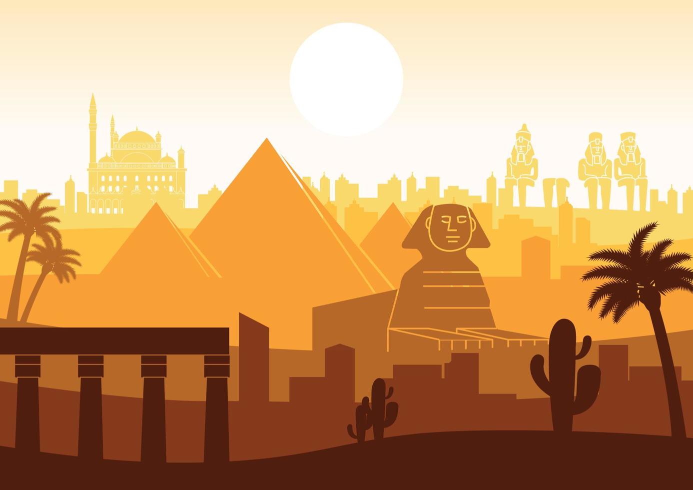 style de silhouette emblématique de l'égypte avec un design en rangée à l'heure du coucher du soleil, couleur orange et marron vecteur