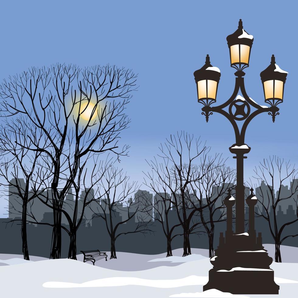 paysage de neige de jardin de ville d'hiver. allée du parc dans la neige avec éclairage public. horizon de rue de la ville enneigée. fond de nature de vacances de noël. vecteur