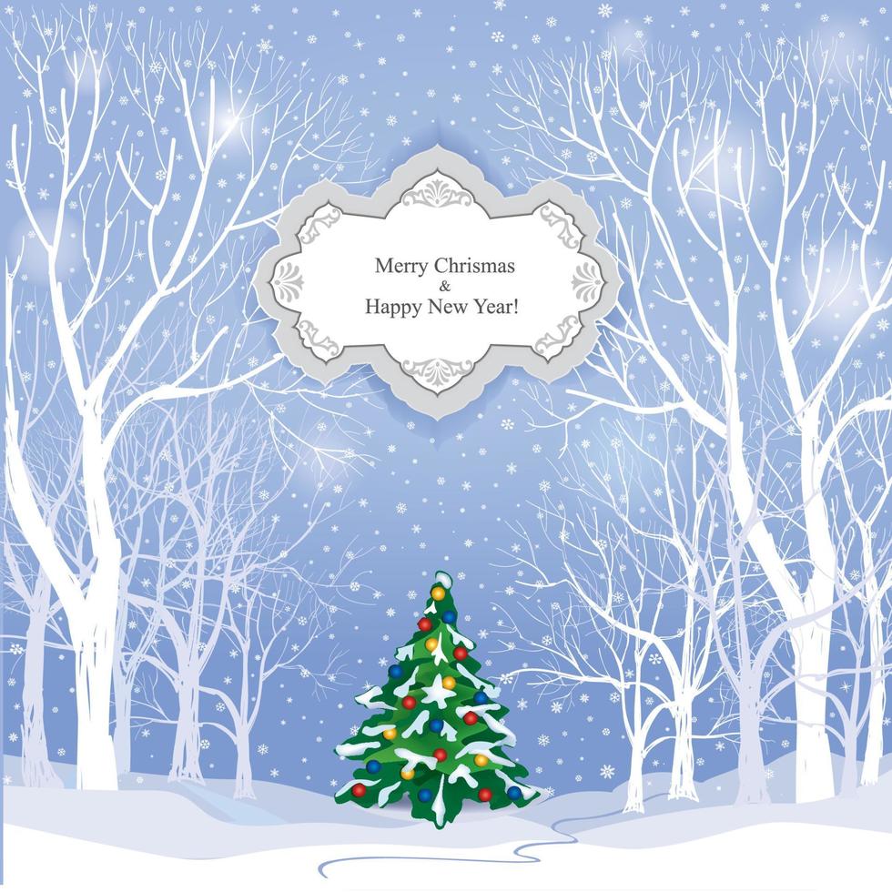 paysage d'hiver de neige avec arbre de Noël décoré. fond de carte de voeux joyeux noël vacances avec forêt d'hiver enneigée. fond d'écran de noël avec espace de copie. vecteur