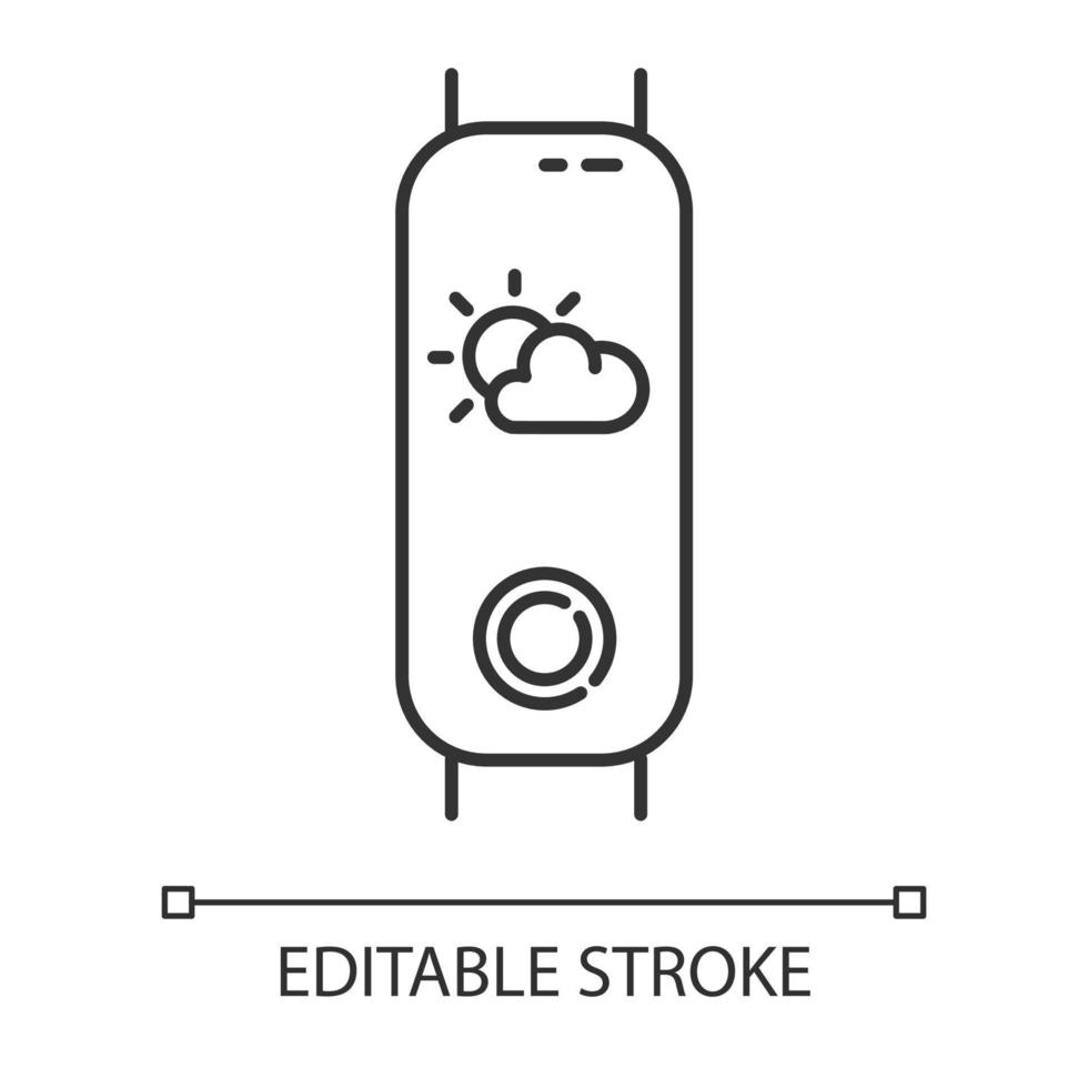 appareil de fitness avec icône linéaire de fonction de prévision météo. gadget de mode de vie actif avec indicateur météorologique. illustration de la ligne mince. symbole de contour. dessin de contour isolé de vecteur. trait modifiable vecteur