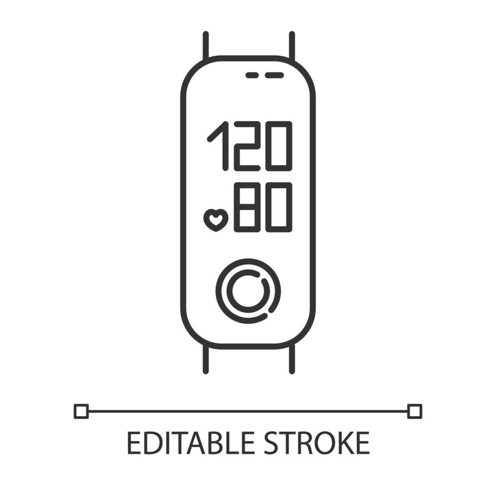 tracker de fitness avec icône linéaire de mesure de la pression artérielle. appareil de bien-être avec tonomètre électronique. illustration de la ligne mince. symbole de contour. dessin de contour isolé de vecteur. trait modifiable vecteur