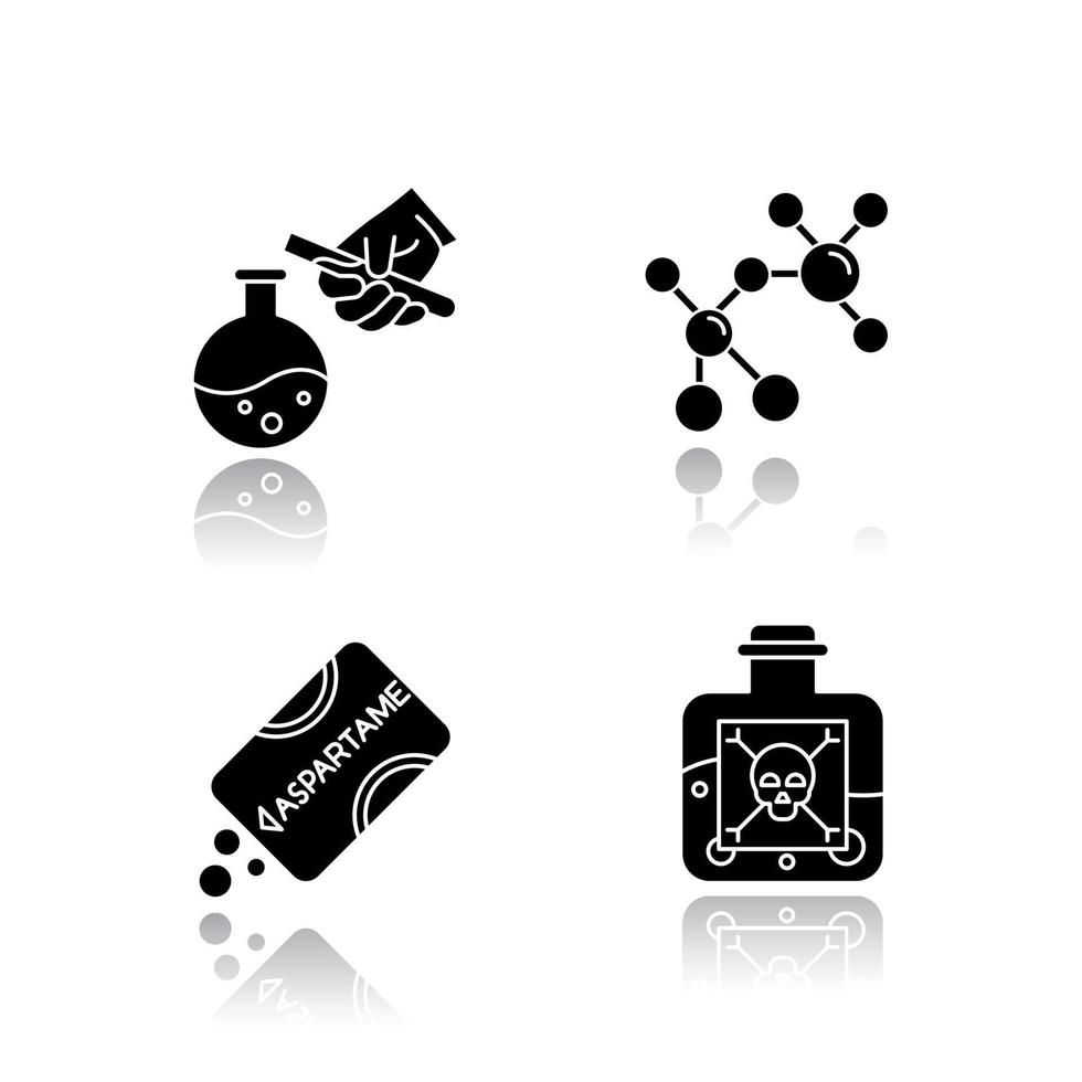 jeu d'icônes de glyphe noir ombre portée science et nature. produits biotechnologiques. méthodologie d'expérimentation. travaillant en laboratoire. scientifiques en microbiologie. illustrations vectorielles isolées vecteur