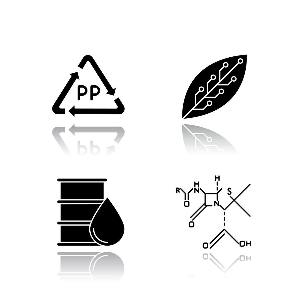 jeu d'icônes de glyphe noir ombre portée science et nature. produits biotechnologiques et nanotechnologiques. matériaux de recyclage. travaillant en laboratoire. scientifiques en microbiologie. illustrations vectorielles isolées vecteur