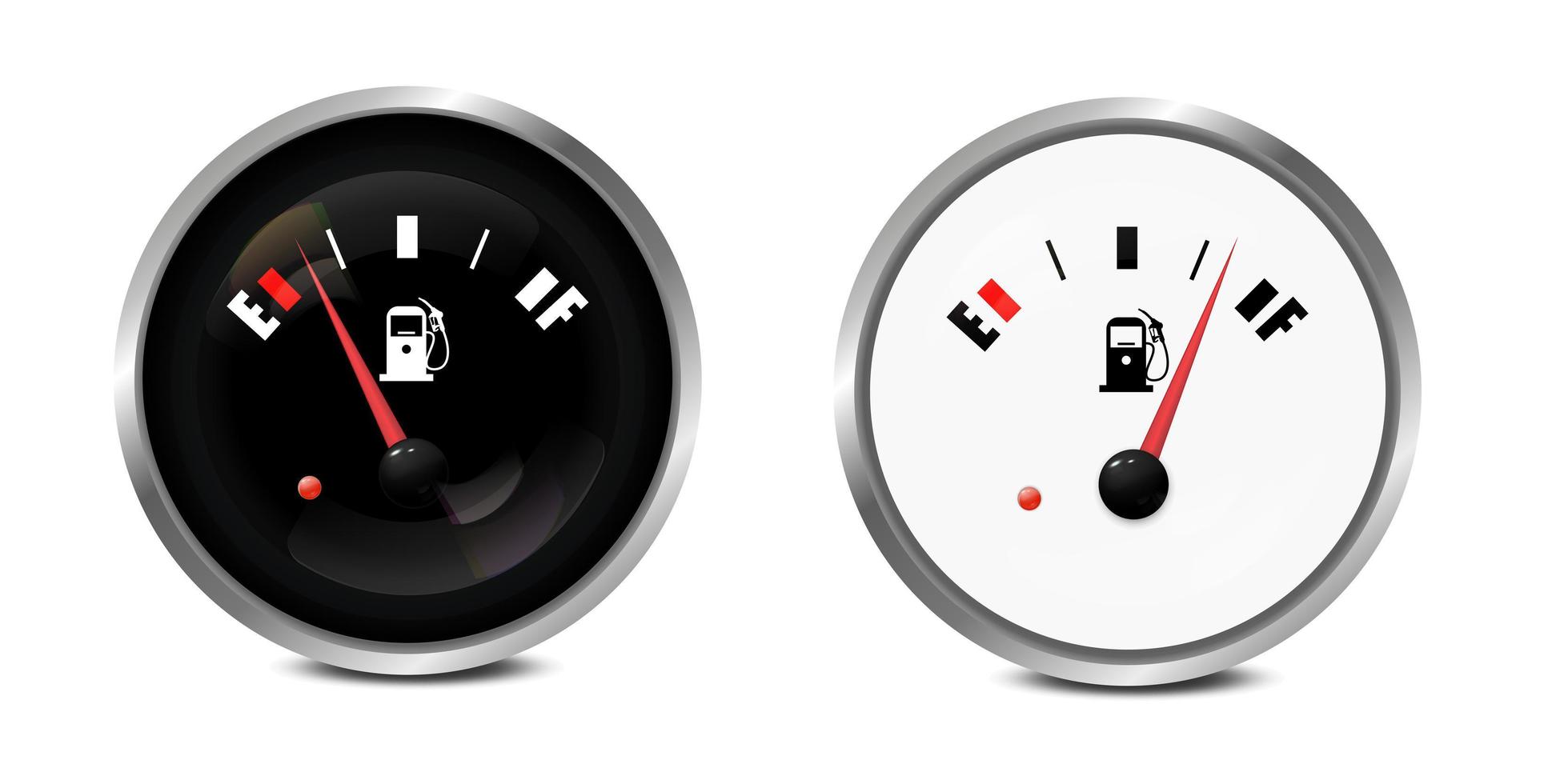 vecteur 3d réaliste cercle noir et blanc jauge de réservoir de carburant à gaz, jeu d'icônes de barre de niveau d'huile isolé sur fond blanc. détails du tableau de bord de la voiture. indicateur de carburant, compteur de gaz, capteur. modèle de conception