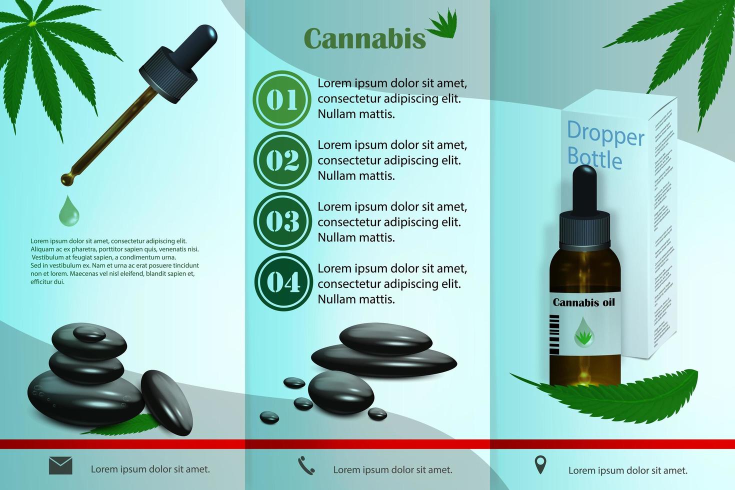 un dépliant avec de l'huile médicale pour les bouteilles de cannabis ou de marijuana. conception de la brochure. illustration vectorielle. vecteur