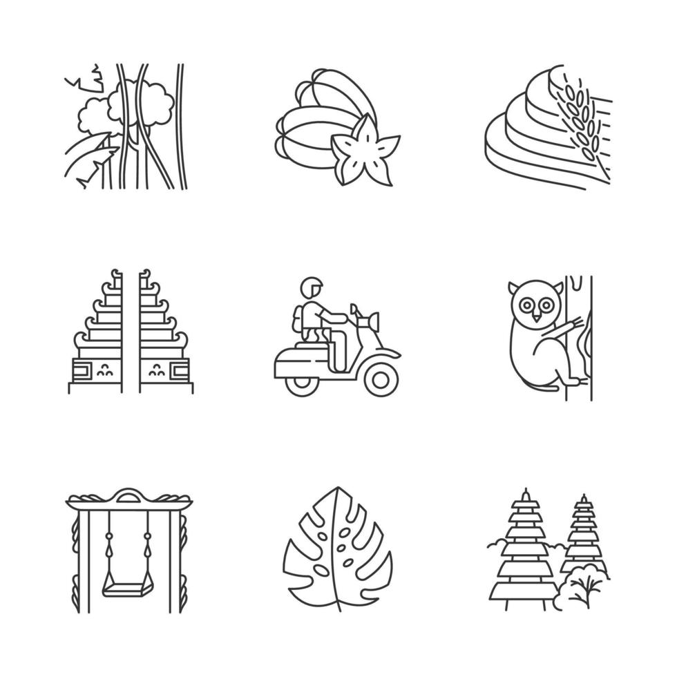 jeu d'icônes linéaires indonésie. animaux de pays tropicaux, plantes. îles indonésiennes. lieux exotiques. symboles de contour de ligne mince. illustrations de contour de vecteur isolé. trait modifiable. pixel parfait