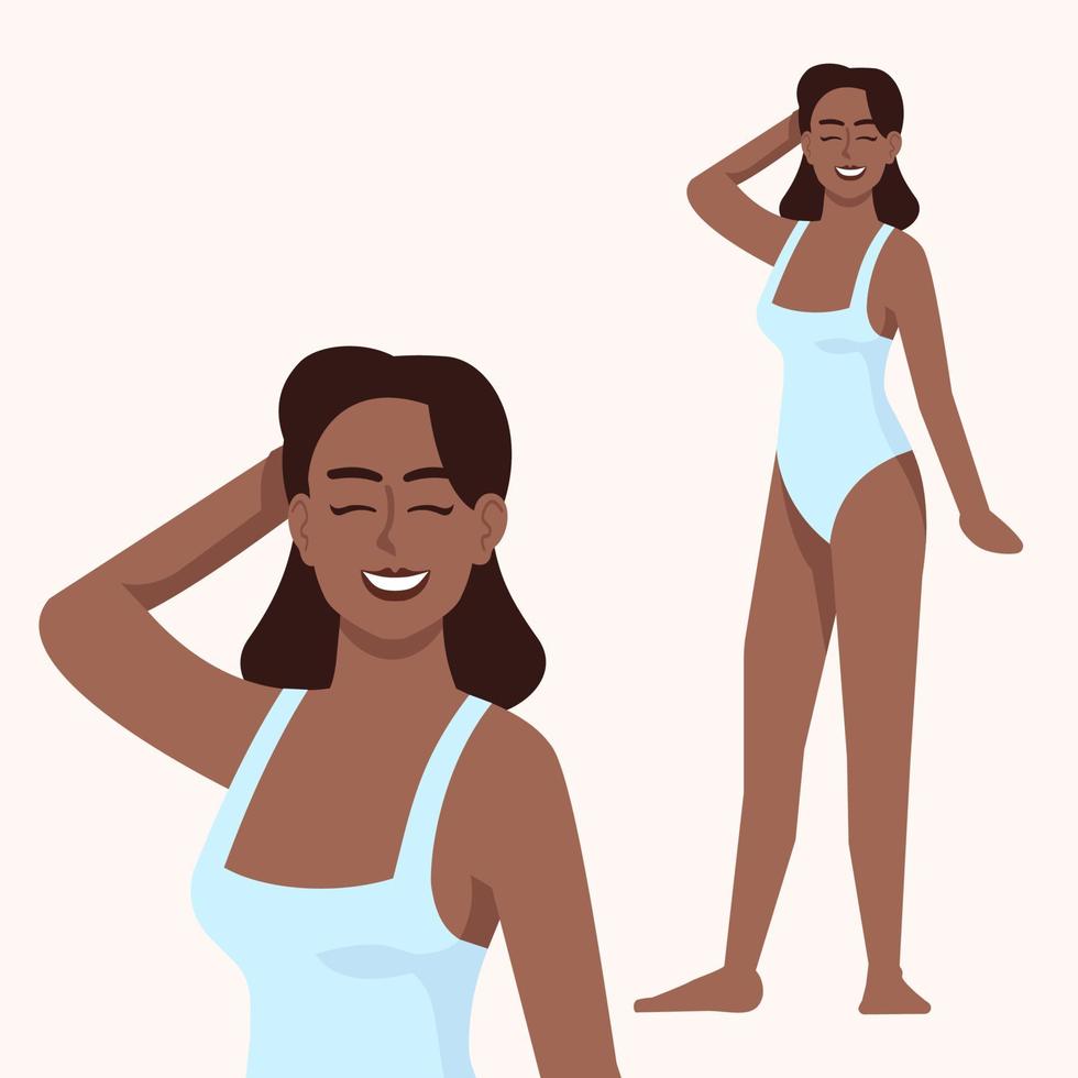 femme vêtue d'une illustration vectorielle plane de maillot de bain. corps positif. silhouette mince. lutte pour l'égalité et le féminisme. femme souriante afro-américaine personnage de dessin animé isolé sur fond blanc vecteur