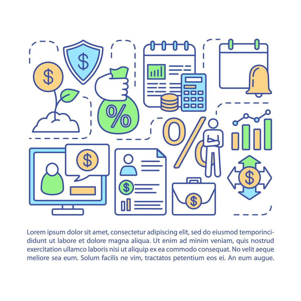 modèle vectoriel de page d'article d'épargne. dépôts d'argent et comptabilité. brochure, magazine, élément de conception de livret avec icônes linéaires et zones de texte. design d'impression. illustrations de concept avec espace de texte