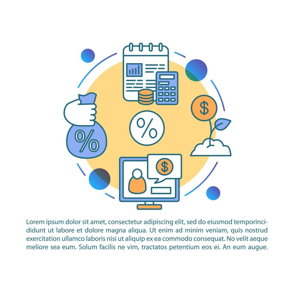 modèle vectoriel de page d'article d'épargne. calcul du taux d'intérêt. brochure, magazine, élément de conception de livret avec icônes linéaires et zones de texte. design d'impression. illustrations de concept avec espace de texte