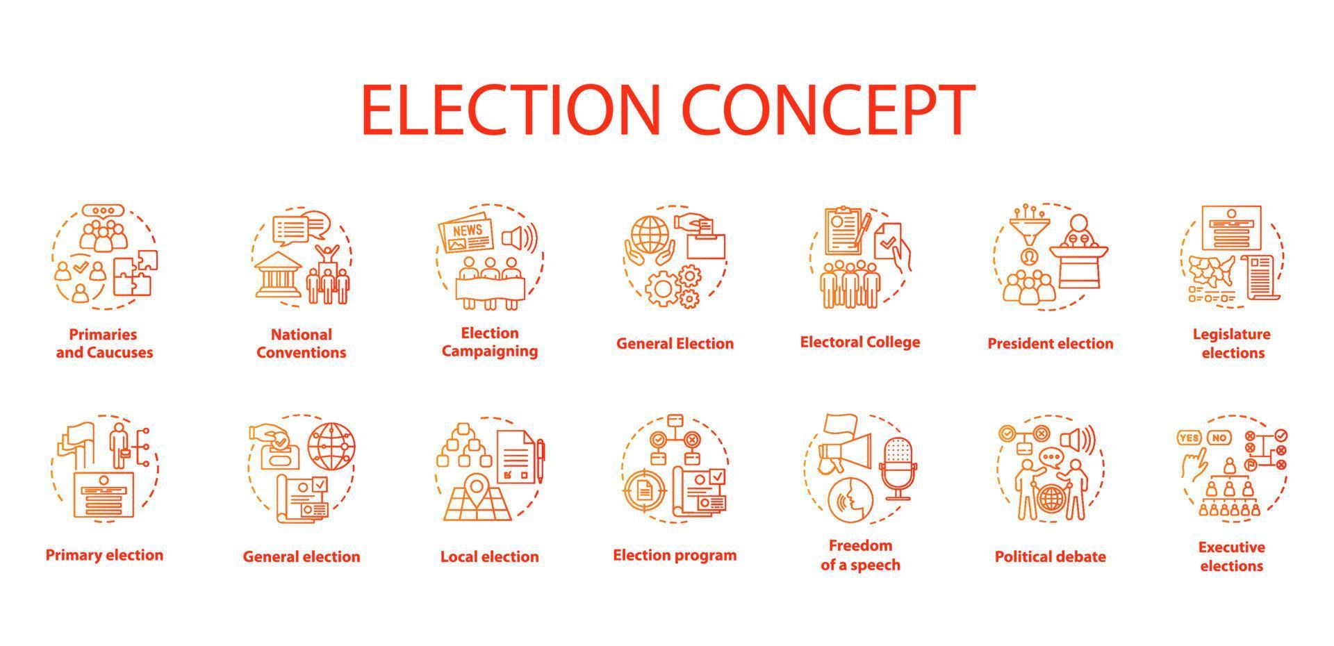 jeu d'icônes de concept d'élection. campagnes politiques et idées de propagande illustrations en ligne mince. élections présidentielles. l'opinion publique et le vote. dessins de contour isolés vectoriels. trait modifiable vecteur